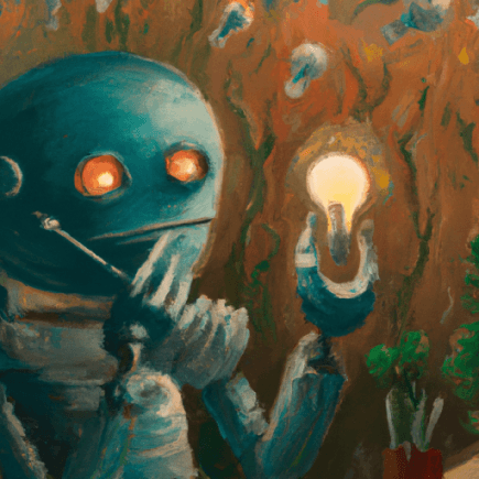 A small green robot considers a glowing light bulb in a textured, colorful scene.