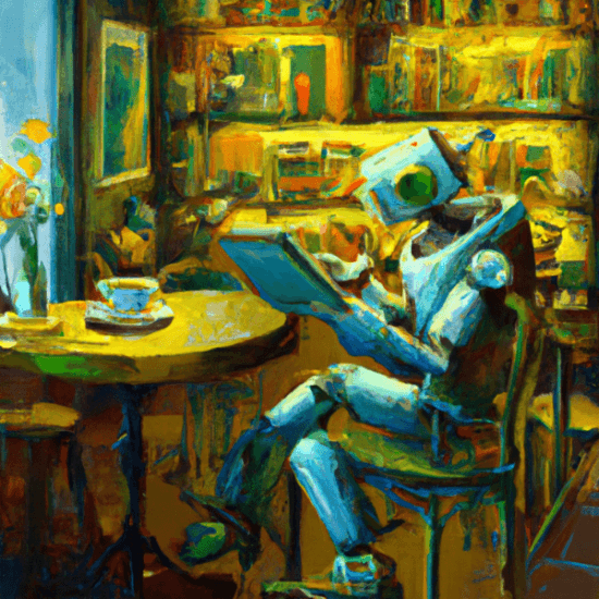 A robot reads at a table in a colorful classroom-like setting.