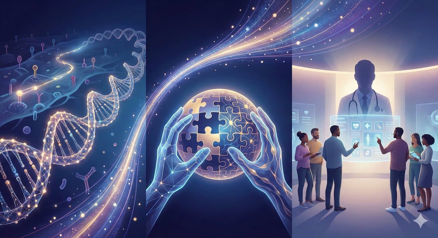 Three-panel illustration combining a DNA strand, a puzzle-patterned head, and people facing a glowing display.