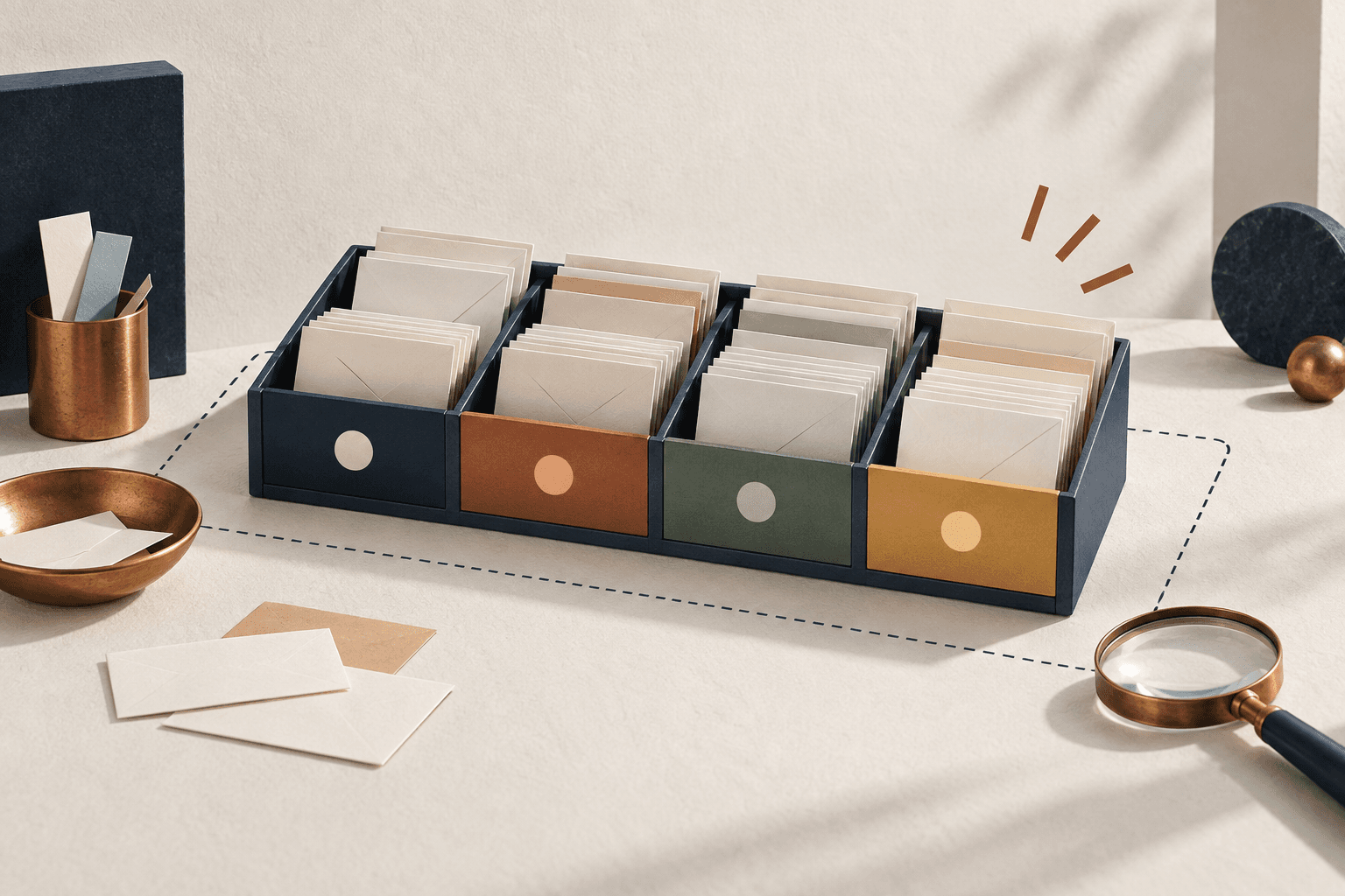 A mail-sorting tray shows a defined classification task with several carefully separated categories