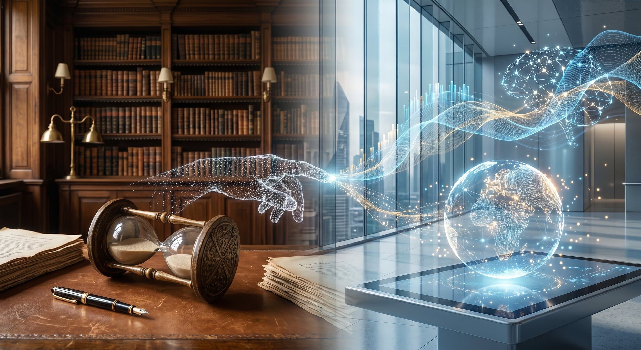 A gavel and books in a law library merge with a bright modern office and glowing digital connections.