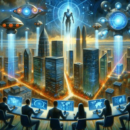 A glowing city is surrounded by computers, people, and connected digital symbols.