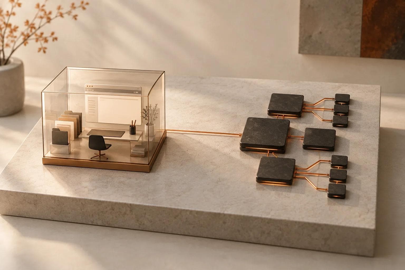 Conceptual miniature computer workspace connected to a separate cluster of processing tiles that branch into parallel paths