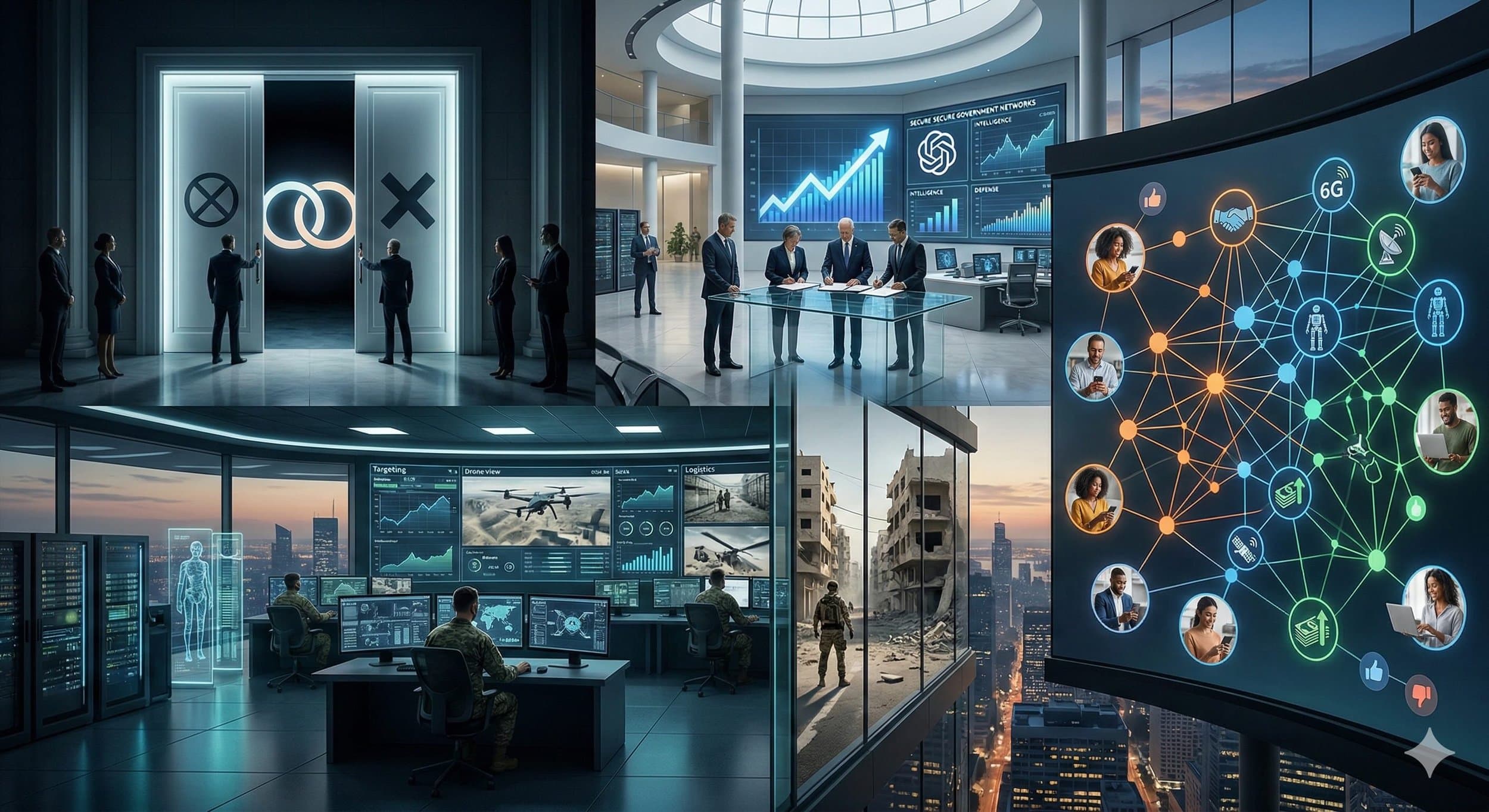 Four-panel illustration of people, control-room screens, and connected symbols in security settings.