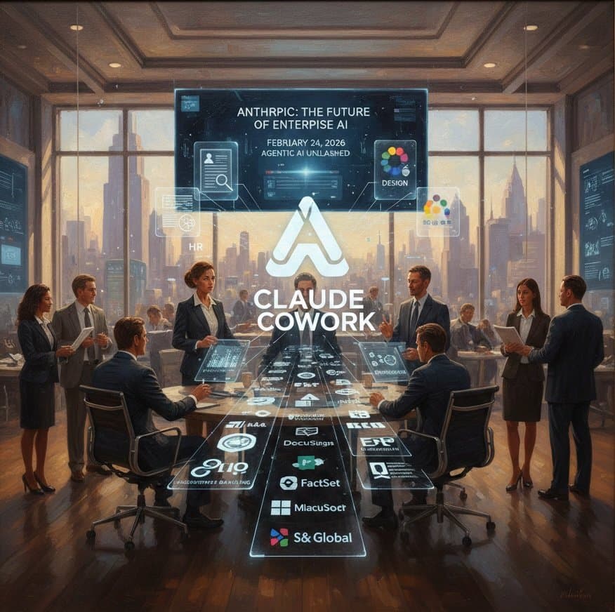 People gather around a conference table beneath a display labelled Claude Cowork.