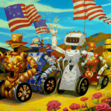 Robots join a colorful parade with United States flags.