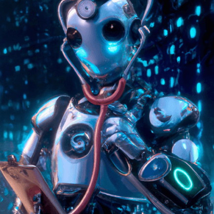 A blue robot wears a stethoscope in a glowing, futuristic medical setting.