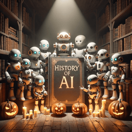 Small robots gather around a book labelled History of AI in a dim library.