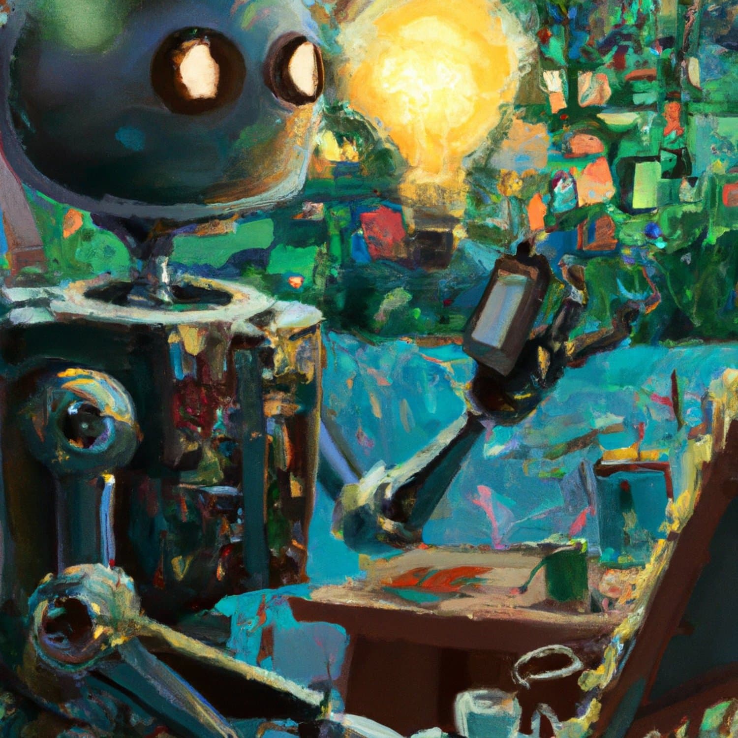A stylized robot holds a glowing light bulb beside a laptop and colorful city scene.
