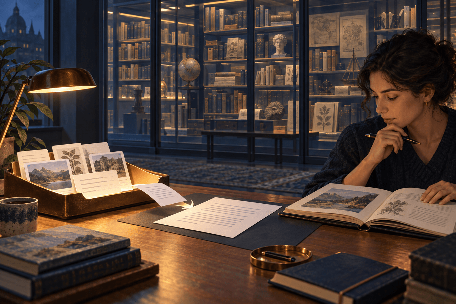 A reader checks an open document beside a small tray of selected notes, with a large archive in the background.