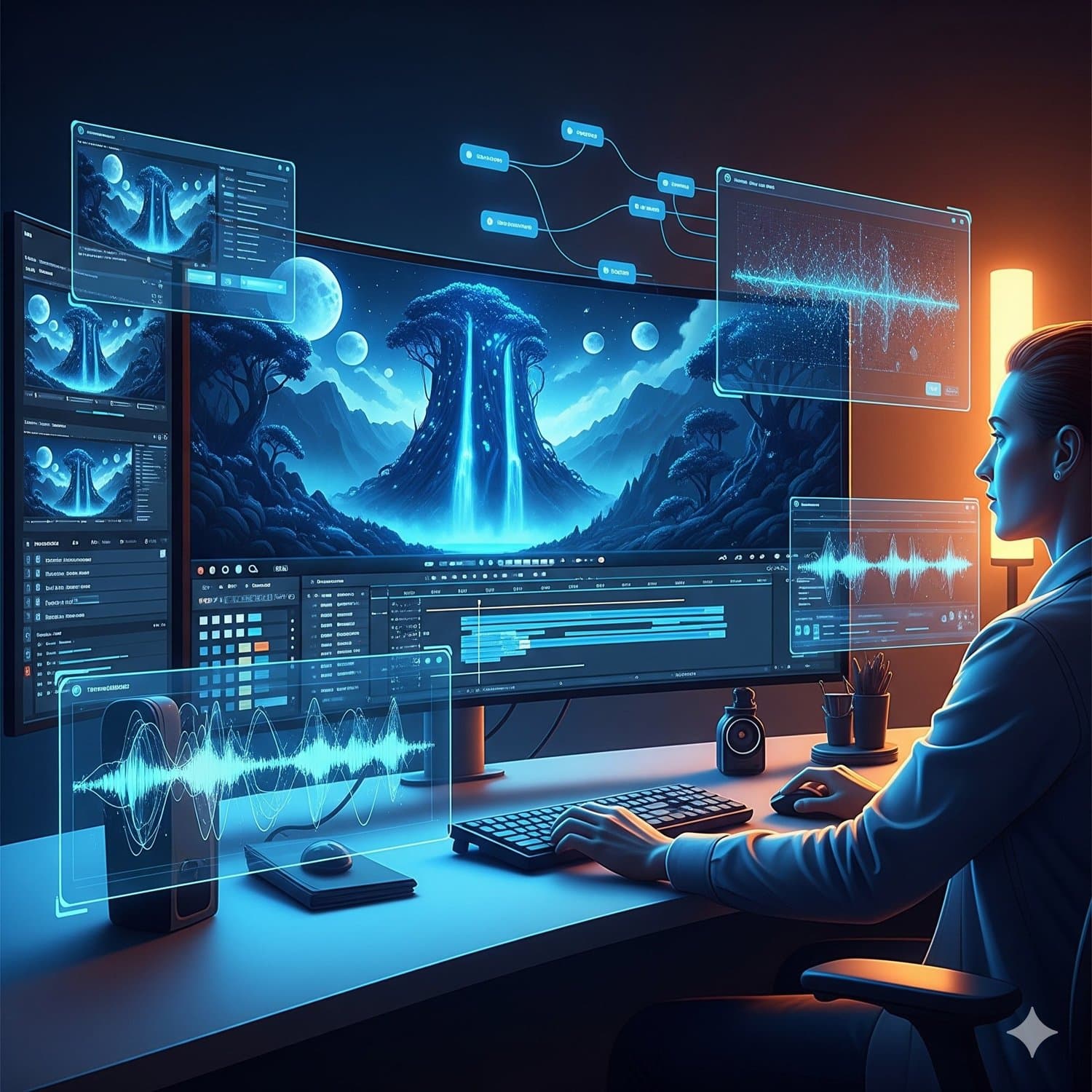 A person works at a video editing console with glowing screens and floating video panels.