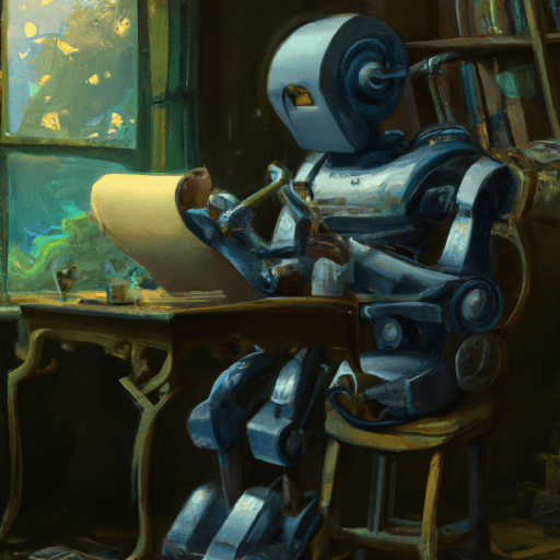 A robot holds an open book in a softly lit study.