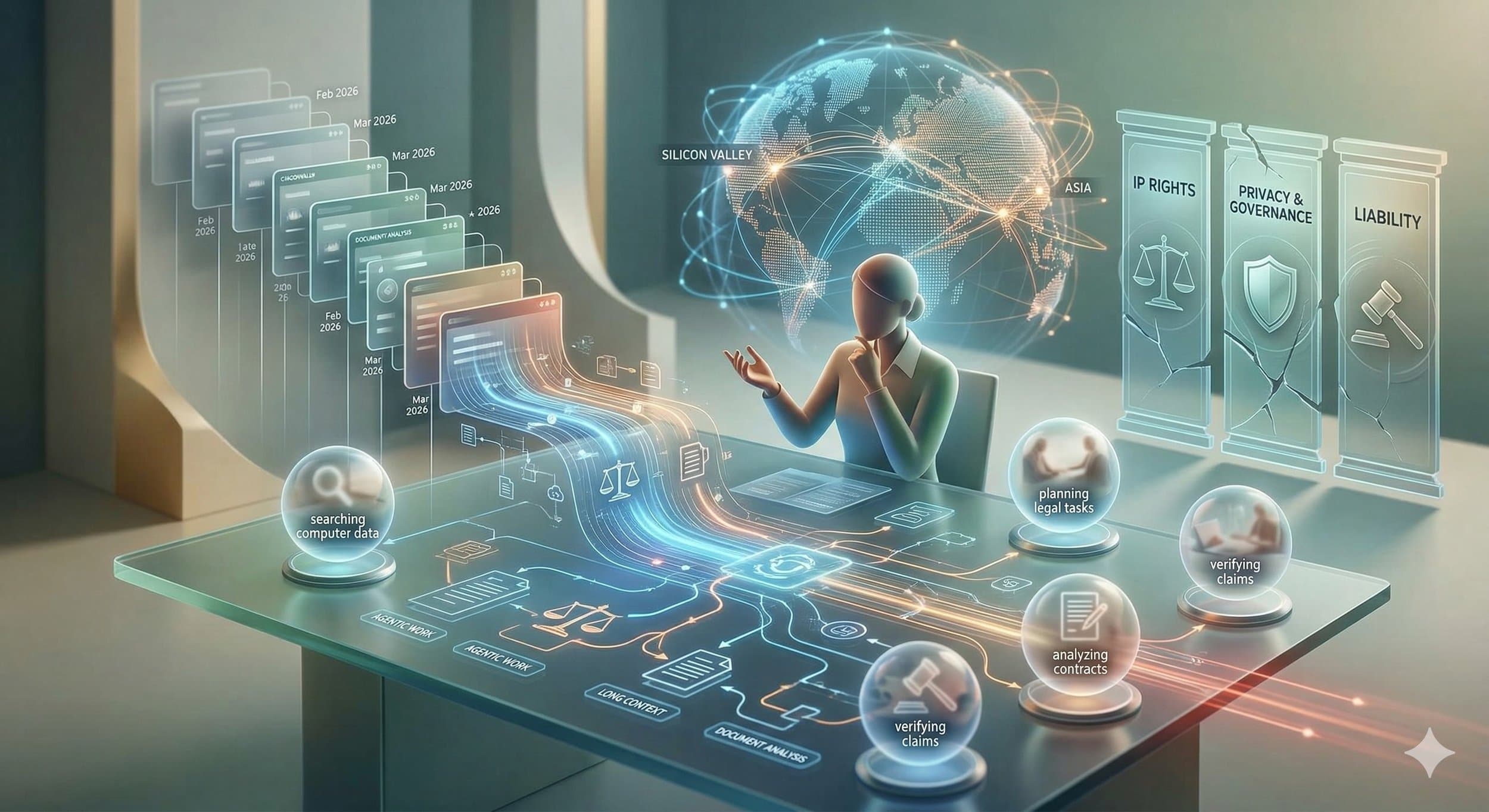 A person sits at a desk surrounded by model cards, glowing connections, and AI-themed displays.