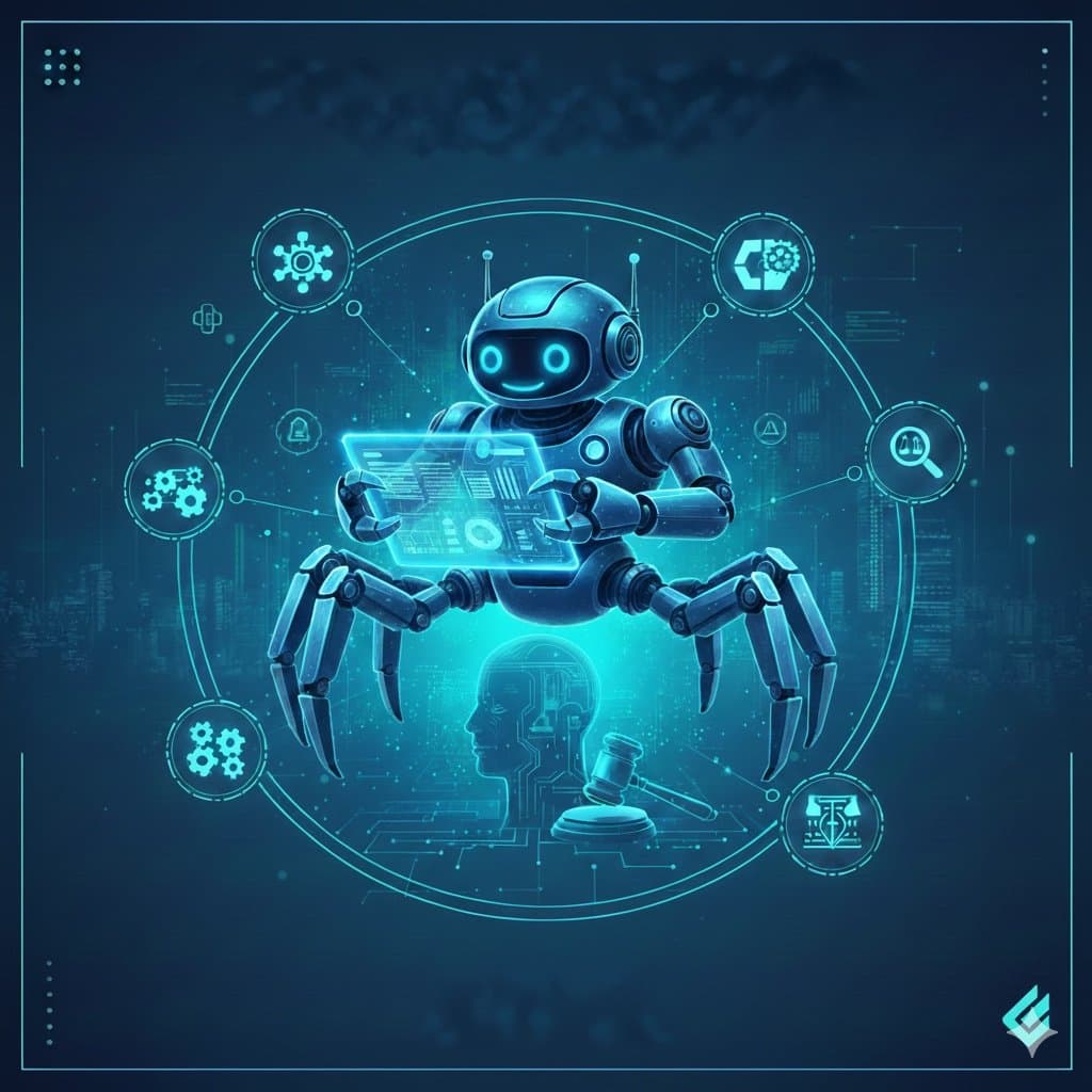 A glowing blue robot is surrounded by connected symbols of tools, communication, and legal work.