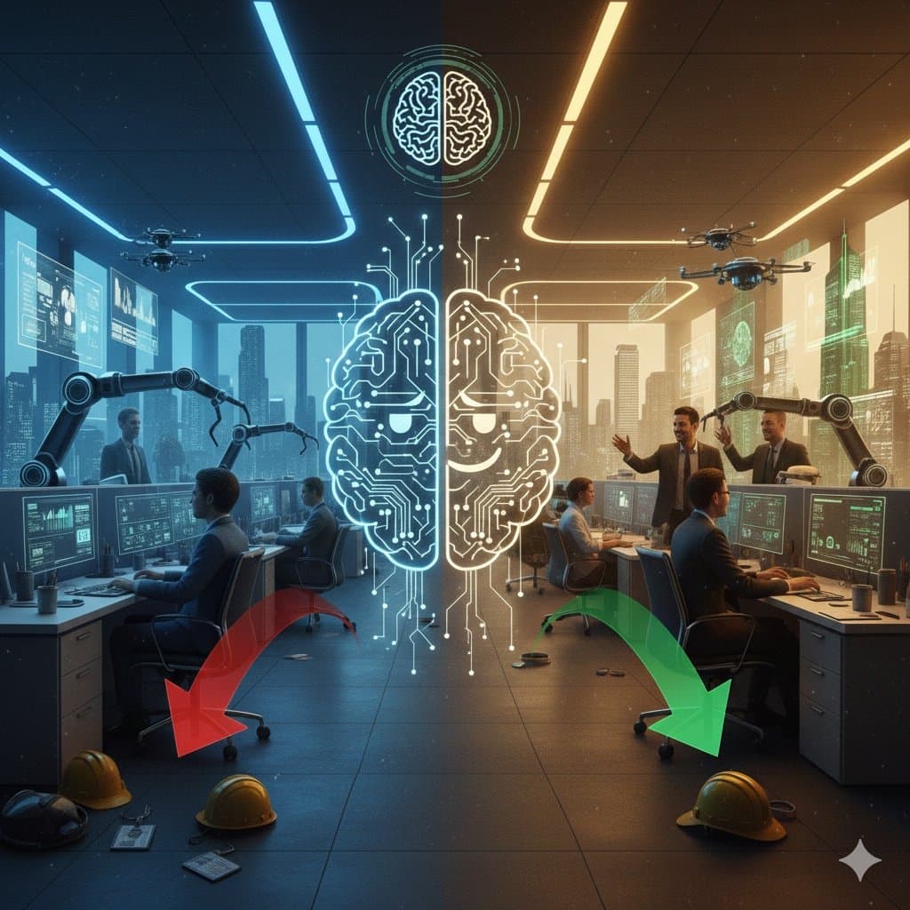 An illuminated human-shaped head divides scenes of automated machinery and office work.