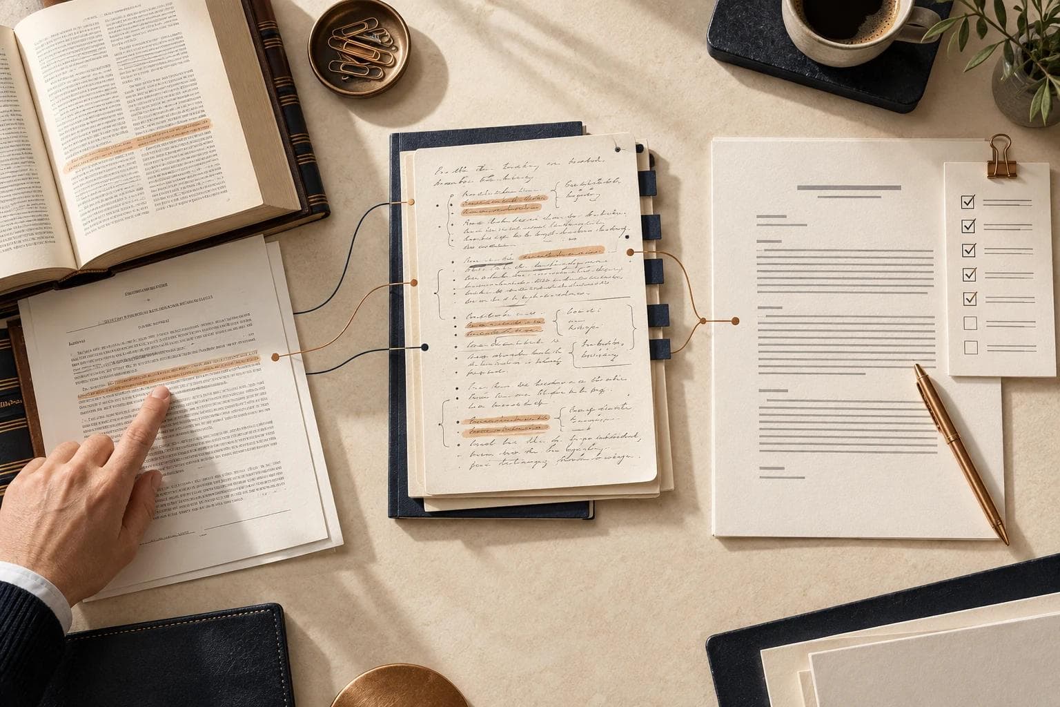 A legal workflow connects source documents and research notes to a reviewed draft memo.