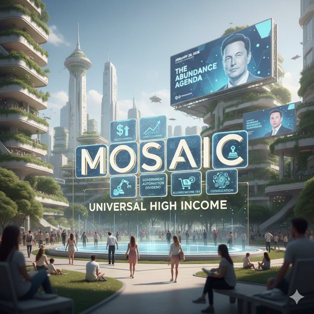 People walk through a futuristic city square beneath a prominent MOSAIC sign.