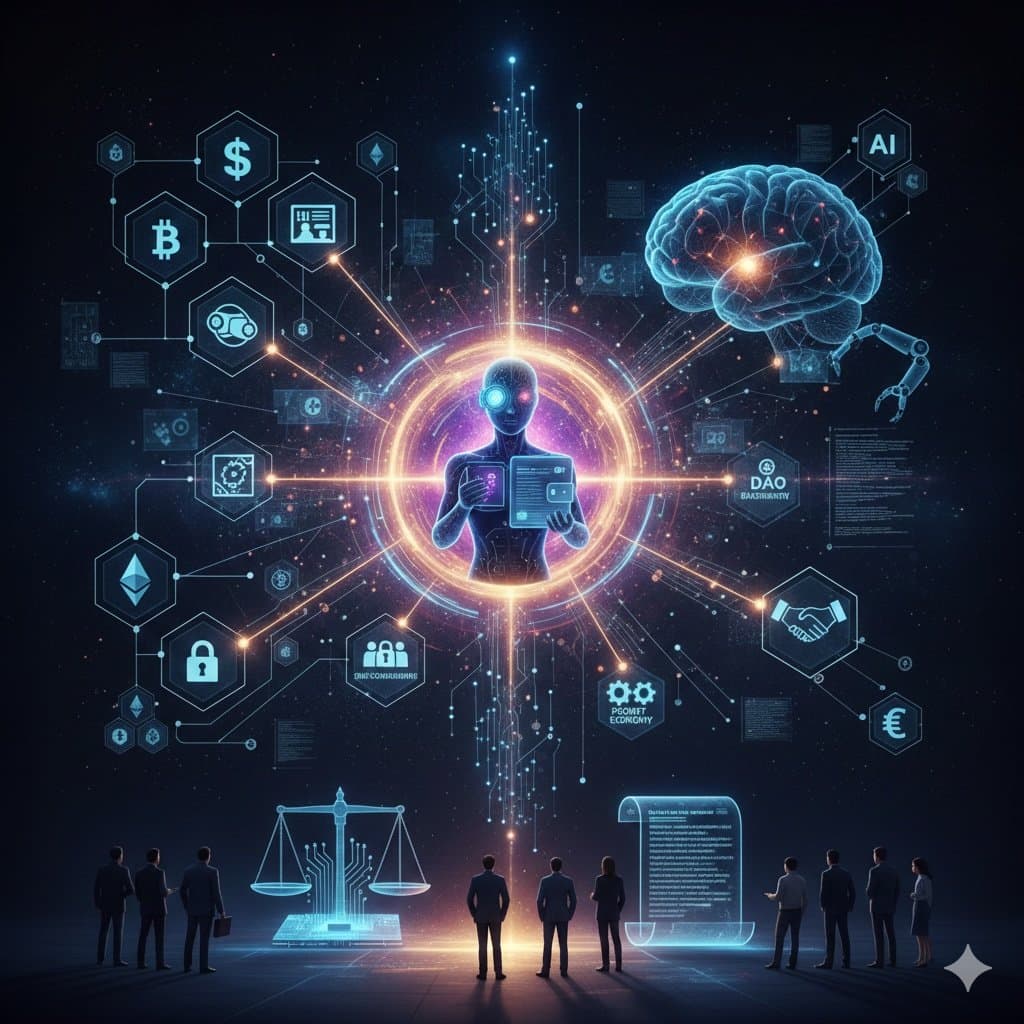 Glowing digital currency symbols and network connections surround a brain-shaped motif above people.