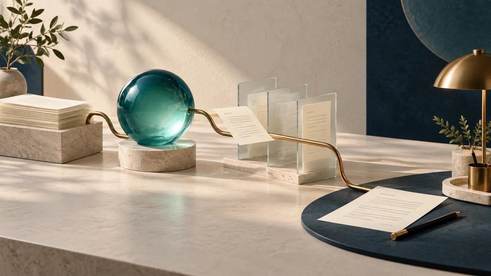 A teal glass sphere connected by a brass line to document sheets and a workspace with a pencil.