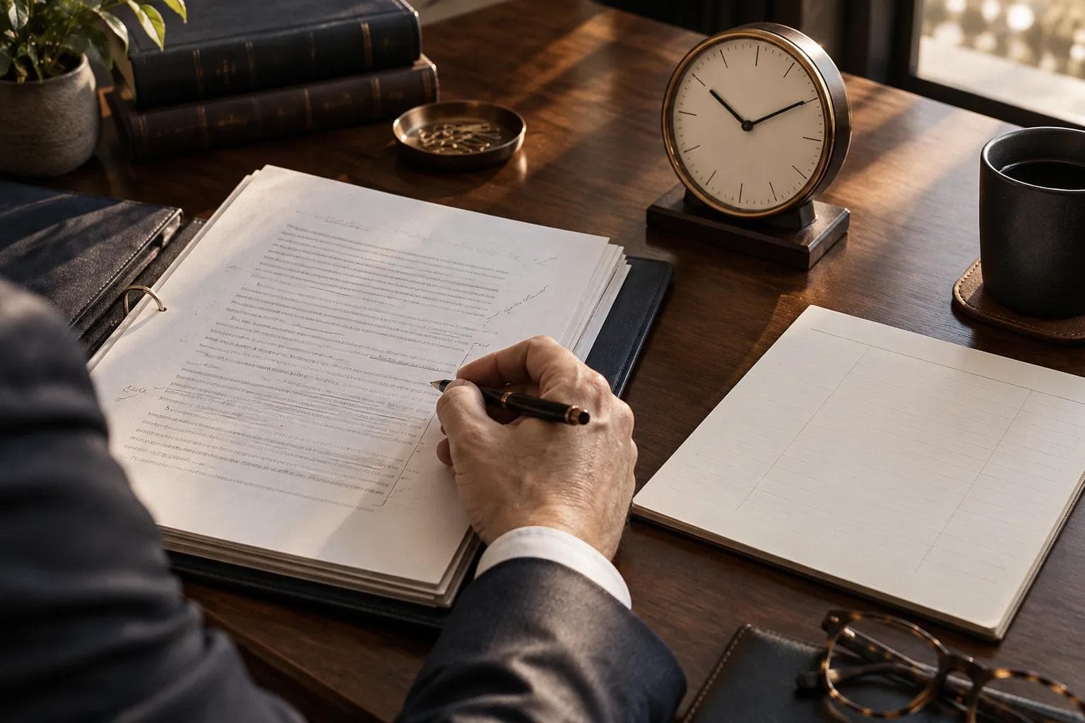 Lawyer reviewing a case file beside an analog clock and blank time ledger, a conceptual image of legal work and billing