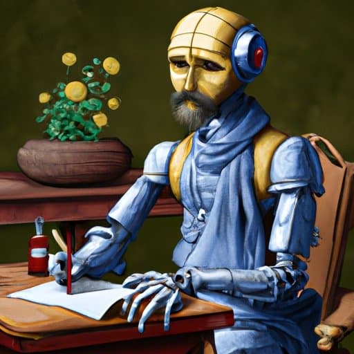 A stylized robot sits at a desk writing on paper beside a book and a flowering plant.