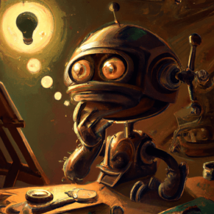 A small robot considers a glowing light bulb at a desk.