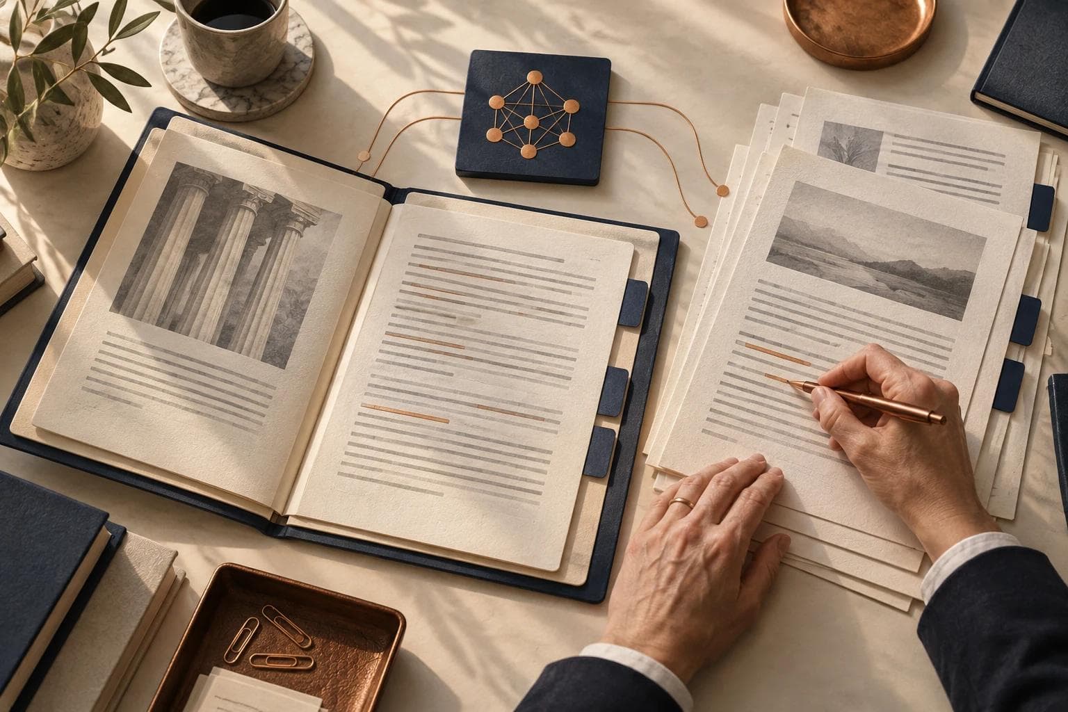 A lawyer checks source documents while reviewing AI-assisted legal work.