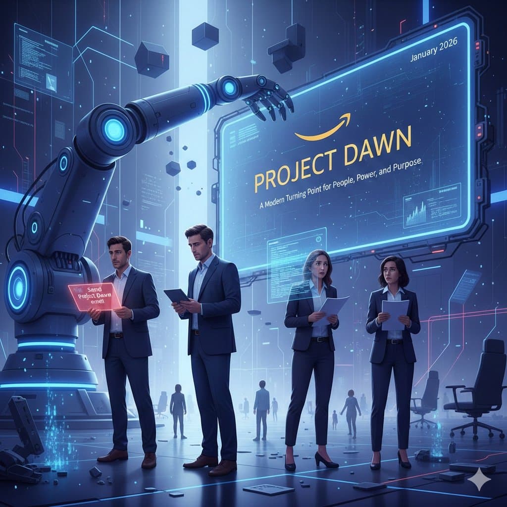 A large robot arm and people stand beside a glowing display labelled Project Dawn.