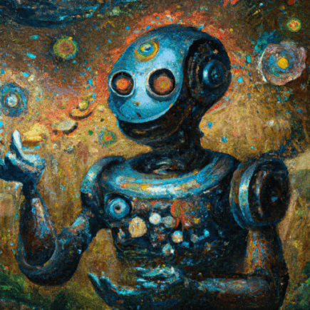 A smiling blue robot gestures against a richly patterned background.
