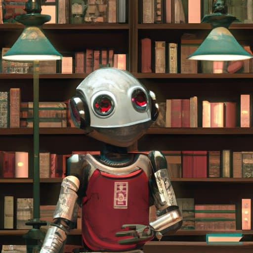 A small illustrated robot holds an open book between shelves in a library.