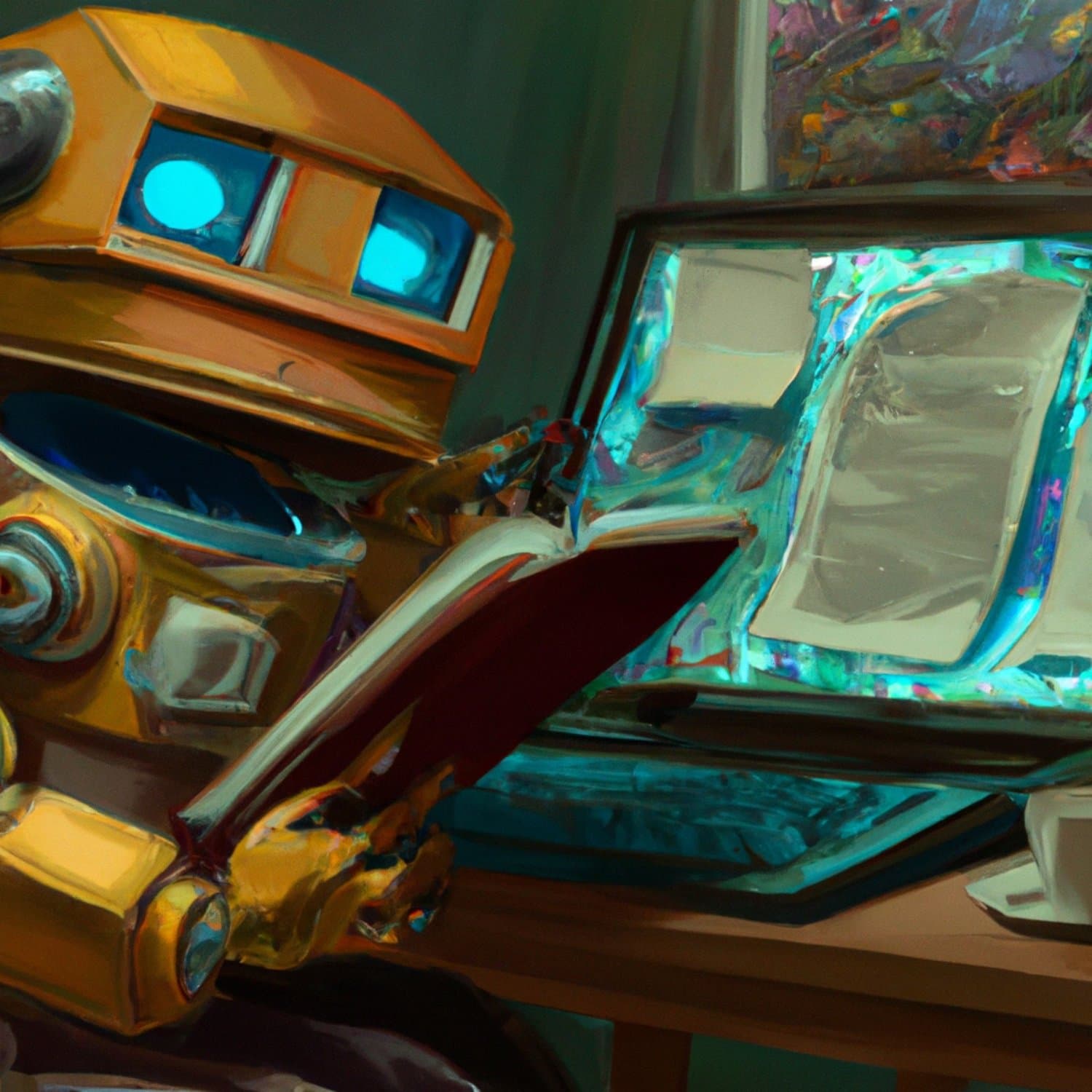 A stylized robot reads a book beside glowing screens and computer equipment.