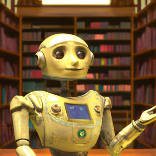 A golden robot stands in front of bookshelves with an open hand.