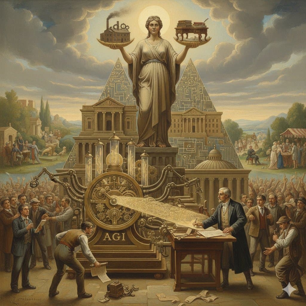 A classical figure rises above scenes of industry, work, and wealth in a city.