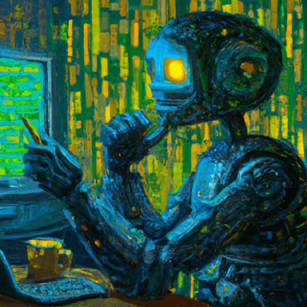 A stylized blue robot reads beside a brightly colored computer display.