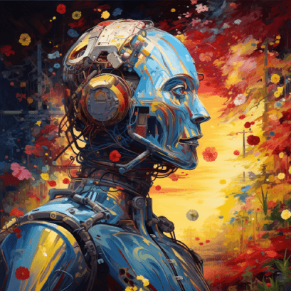 A brightly colored robot head appears in profile against abstract patterns.
