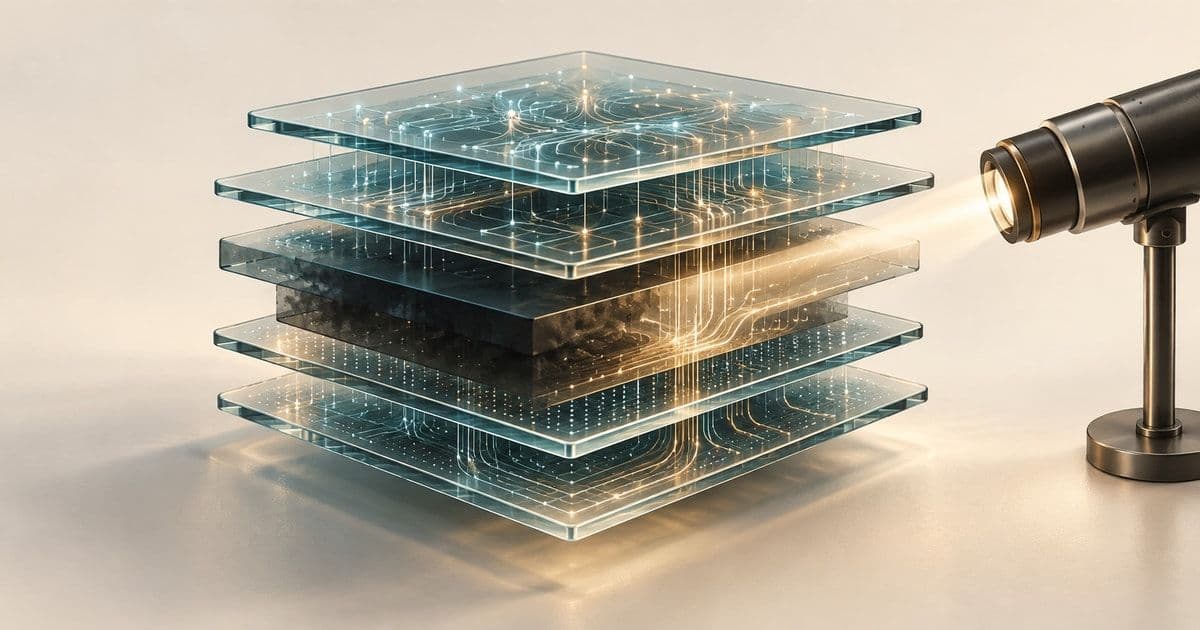 An inspection light illuminates a layered glass computing stack, revealing circuitry around an opaque central core.