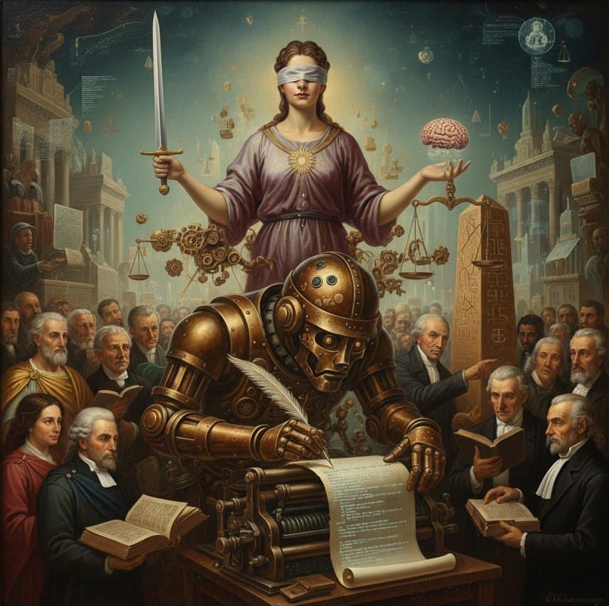 A classical legal figure and a robot sit among books in an ornate room with people behind them.
