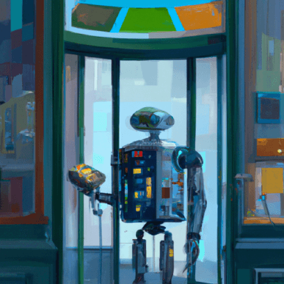 A robot stands in a bank-like doorway beneath a green and blue sign.