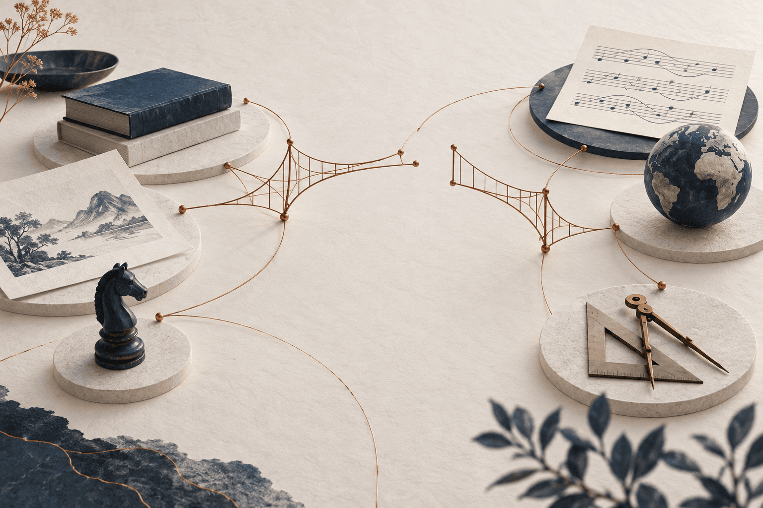 An unfinished copper bridge connects several different task objects, illustrating AGI as an open research question