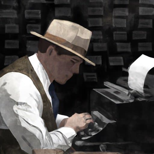 Black-and-white illustration of a person in a hat reading papers at a desk.