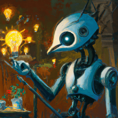 A stylized robot examines a glowing light bulb amid colorful patterns.