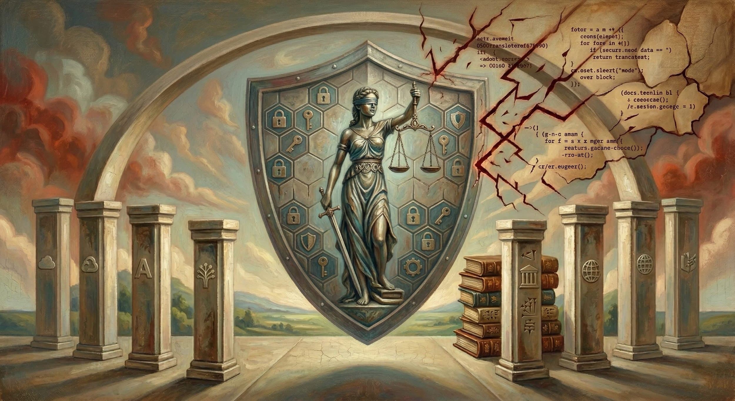 A shield with a classical figure stands between columns, books, and a branching network motif.