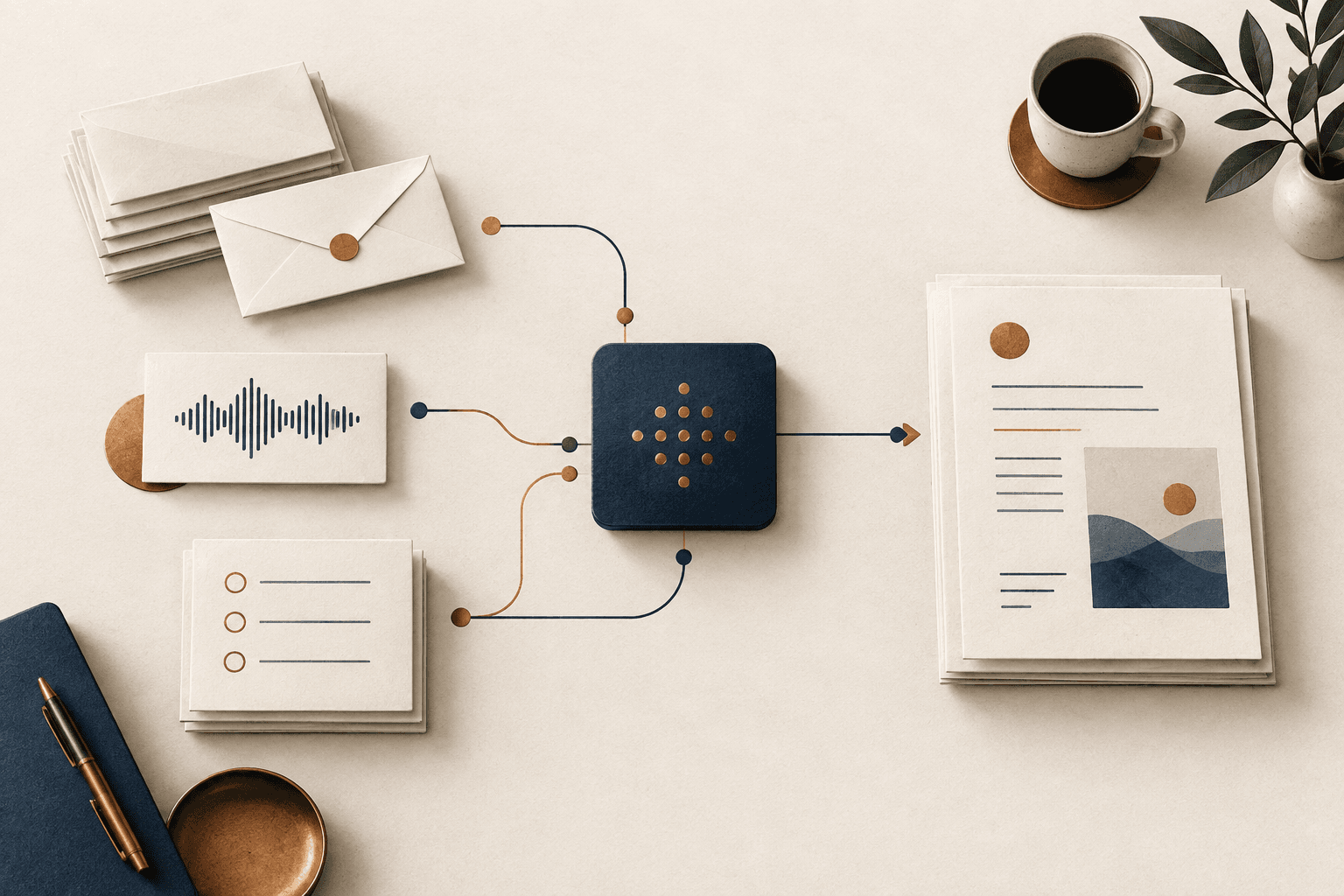 An editorial illustration of email, speech, and document tasks connected to a computational process