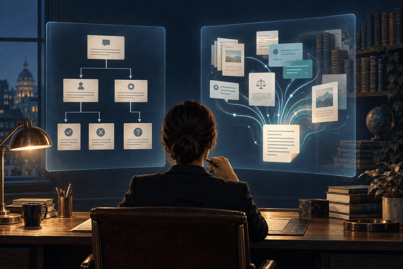 A professional compares fixed chatbot response paths with a flexible assistant drawing on conversation documents