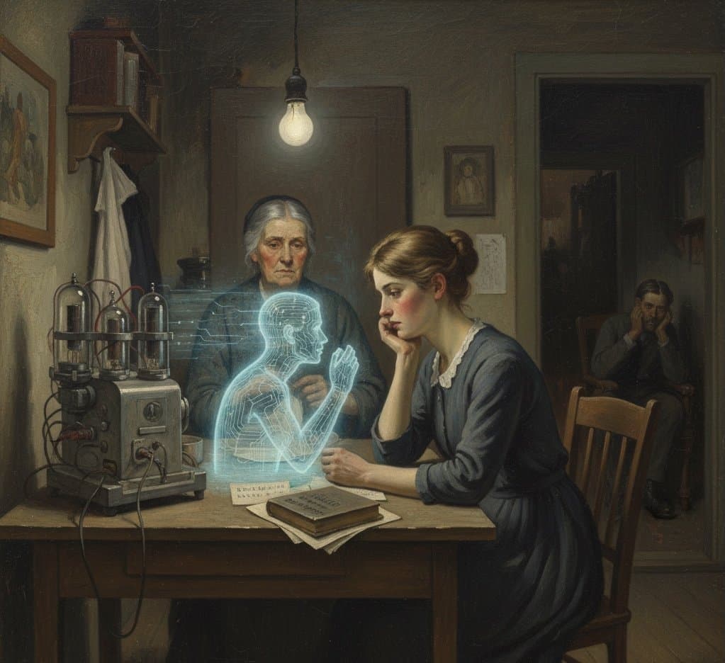 A woman reads at a desk beside a glowing human-shaped figure, with books and legal imagery nearby.
