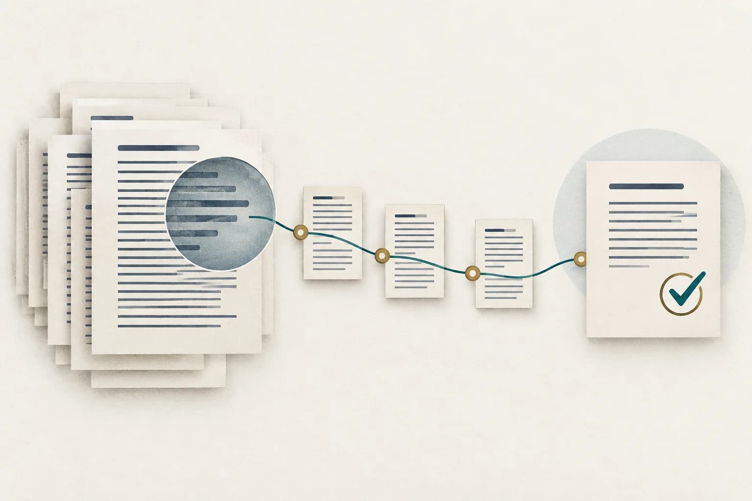 Conceptual illustration of source documents passing through review checkpoints to become an organized legal brief.