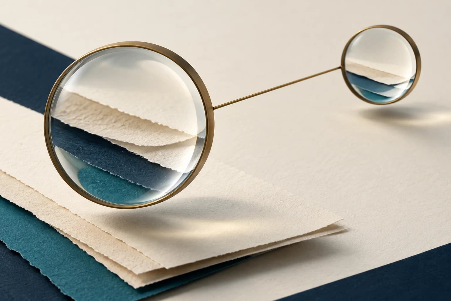 Conceptual illustration of two glass lenses over layered sheets of paper.
