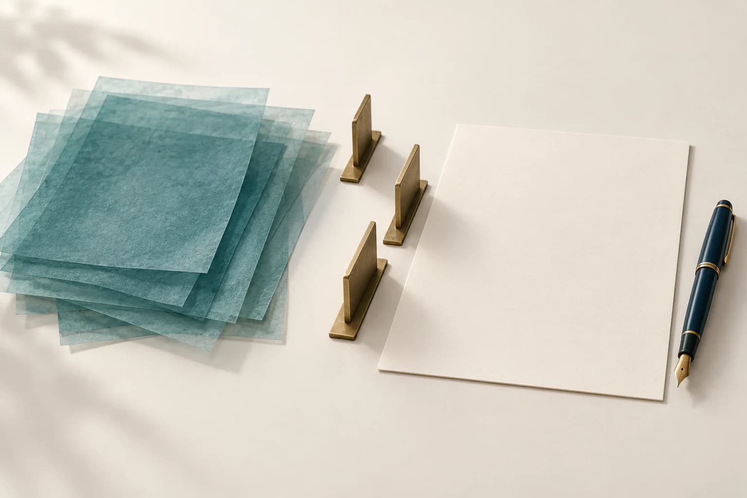 Conceptual illustration of translucent teal draft sheets, an aligned ivory page, and a fountain pen.