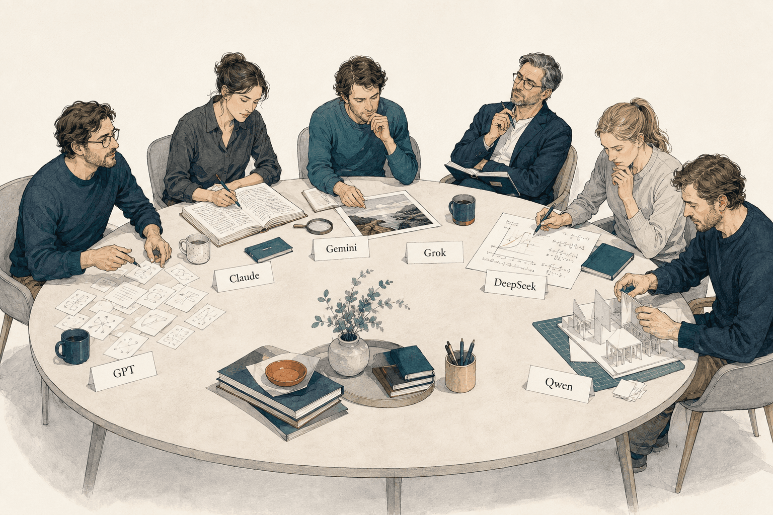 Six imagined professional personas around a table: GPT connects ideas, Claude writes, Gemini studies an image, Grok questions, DeepSeek analyzes, and Qwen builds.