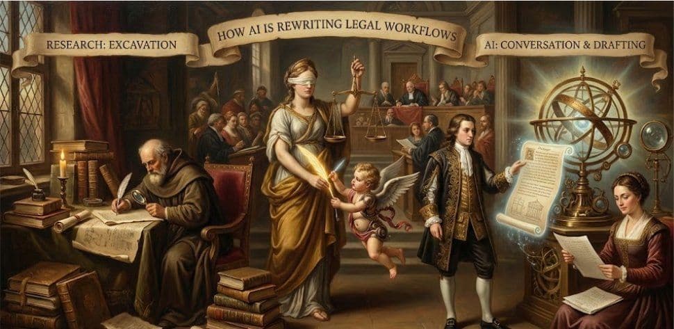 Illustration contrasting traditional legal research with AI-assisted conversation and drafting